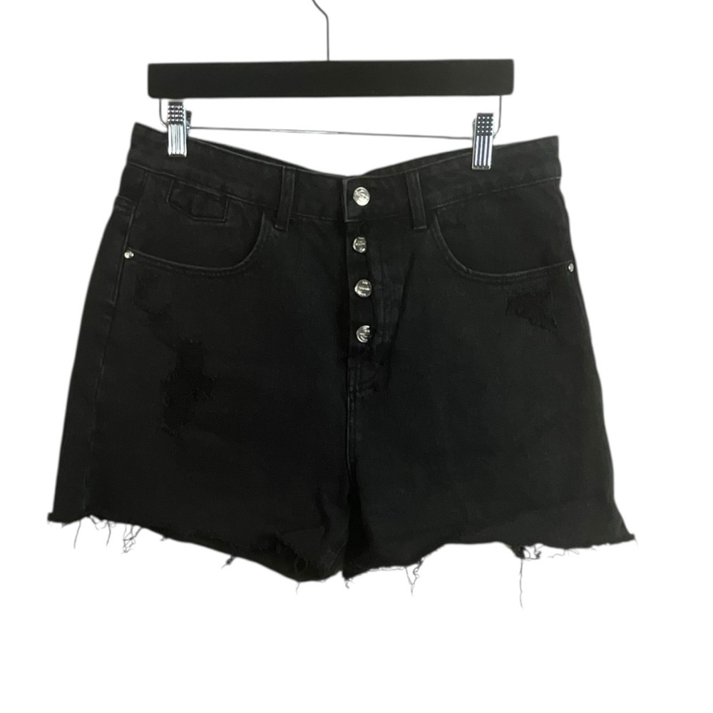 Zara Black‎ Ultra High Rise Button Fly Raw Hem Mom Jeans Shorts